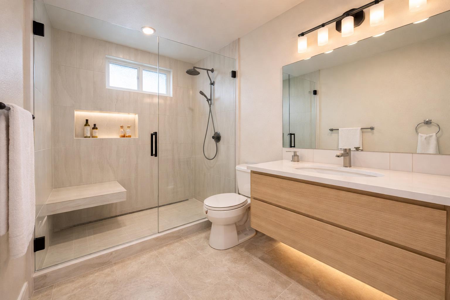 Beige tile shower with black fixtures and a white oak floating vanity ada bathroom remodel done by western renovations