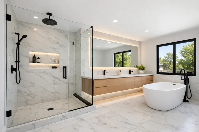 Finished bathroom remodel in Roseville with custom vanity cabinetry and organized storage