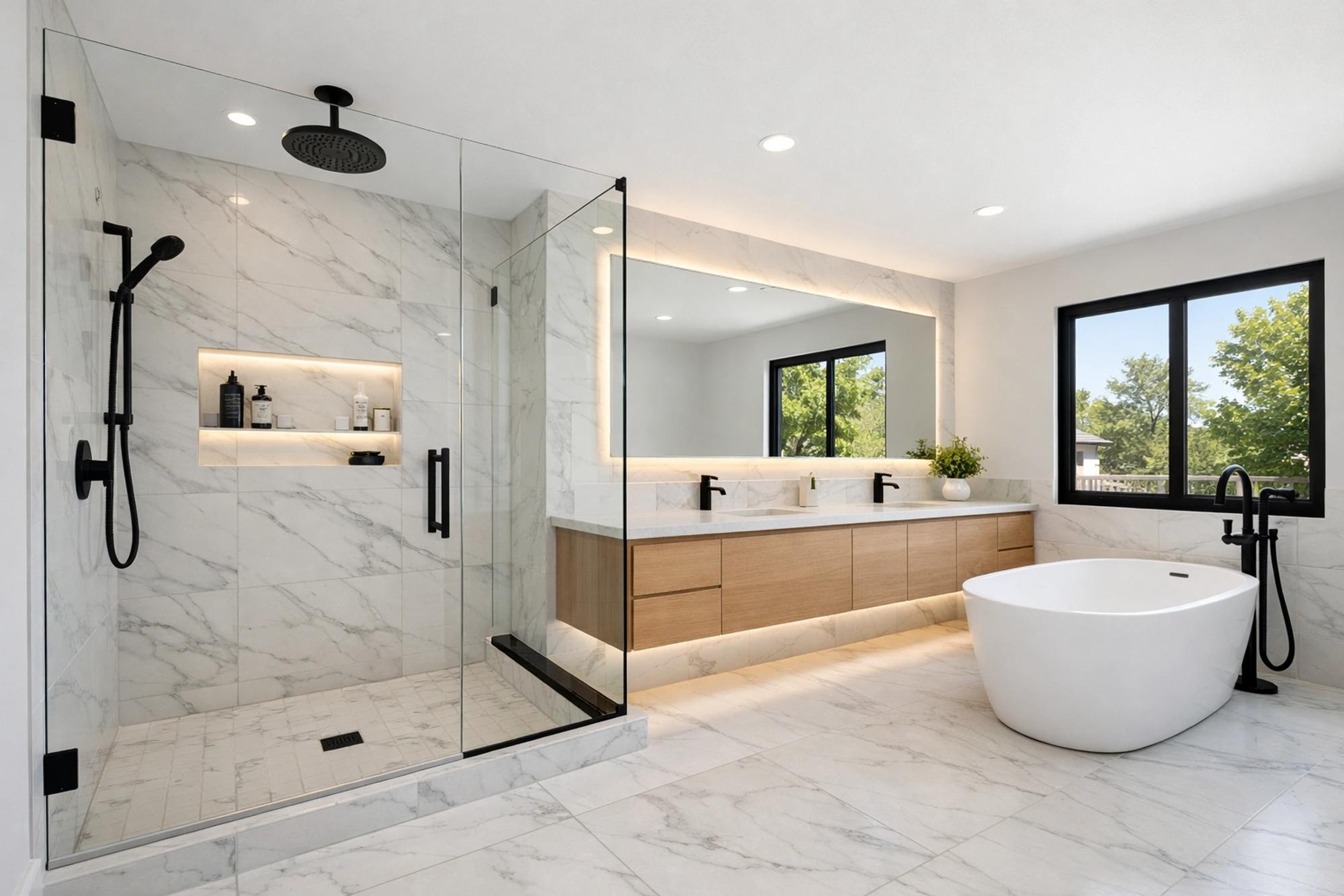 Roseville master bathroom remodel with a floating double vanity, marble countertop, and undermount sinks by Western Renovations