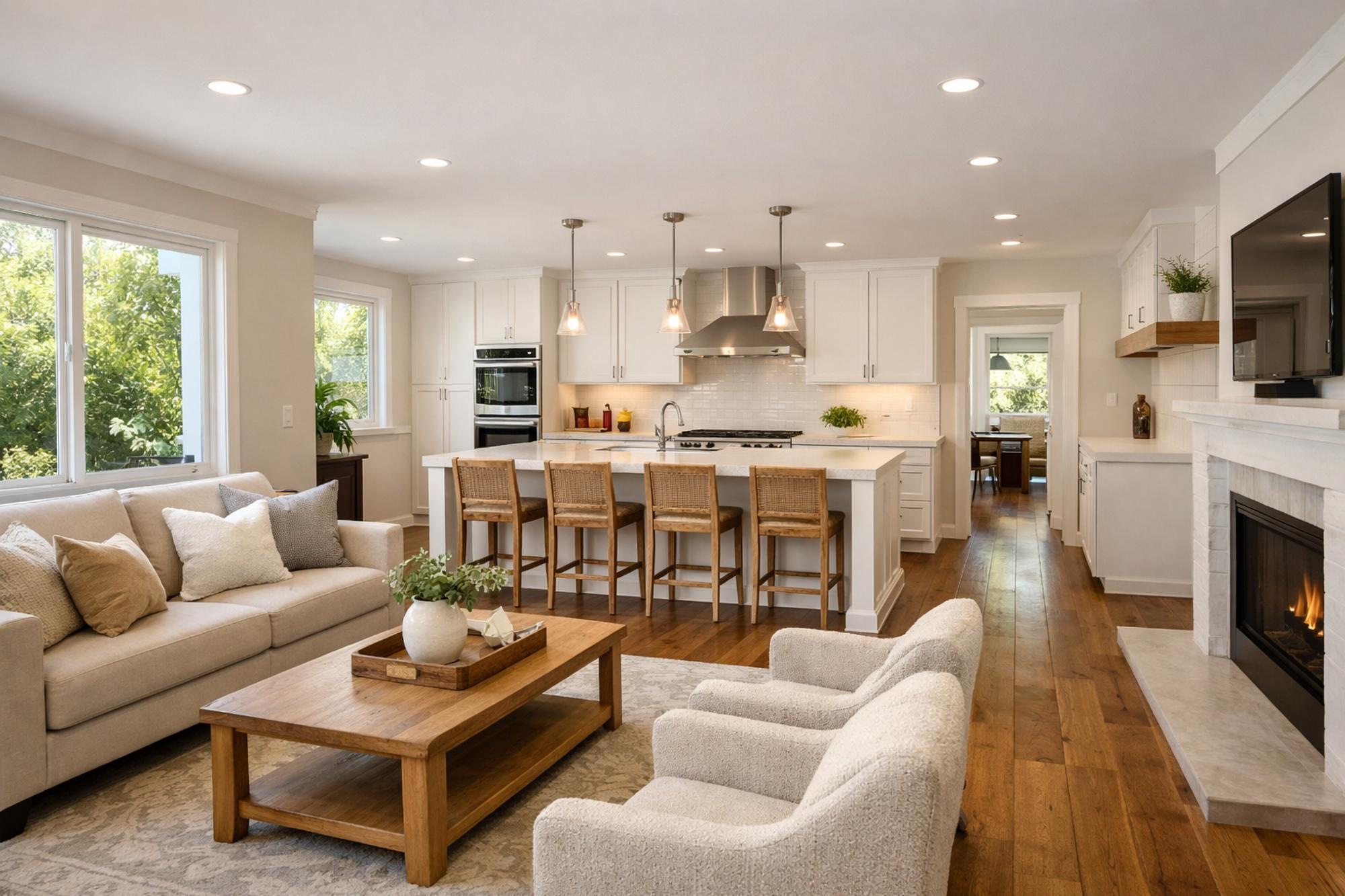 Open-concept kitchen and living room remodel with hardwood floors and quartz countertops by Western Renovations in Roseville, CA