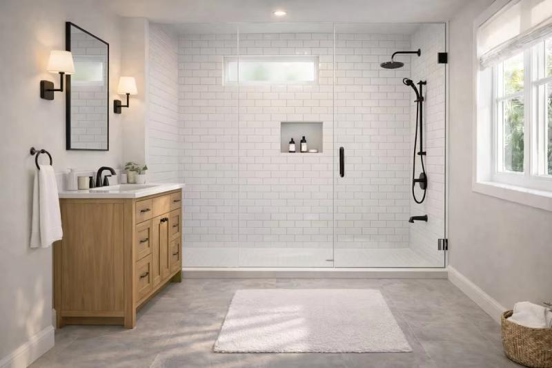 Modern walk-in shower remodel with subway tile and glass enclosure by Western Renovations