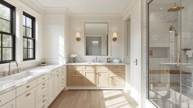 Bathroom vanity with marble countertops, undermount sinks, and brass faucets by Western Renovations near Roseville, CA