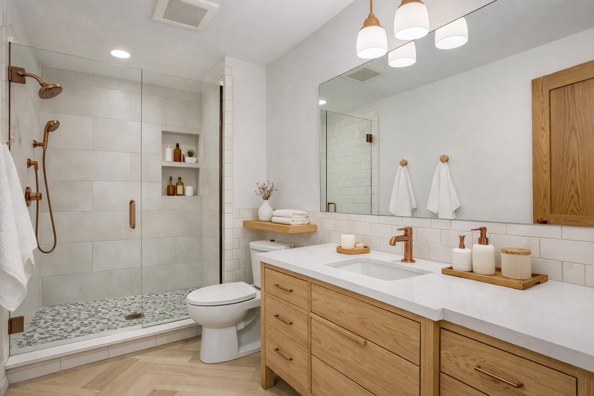 Modern walk-in shower remodel with frameless glass and premium fixtures