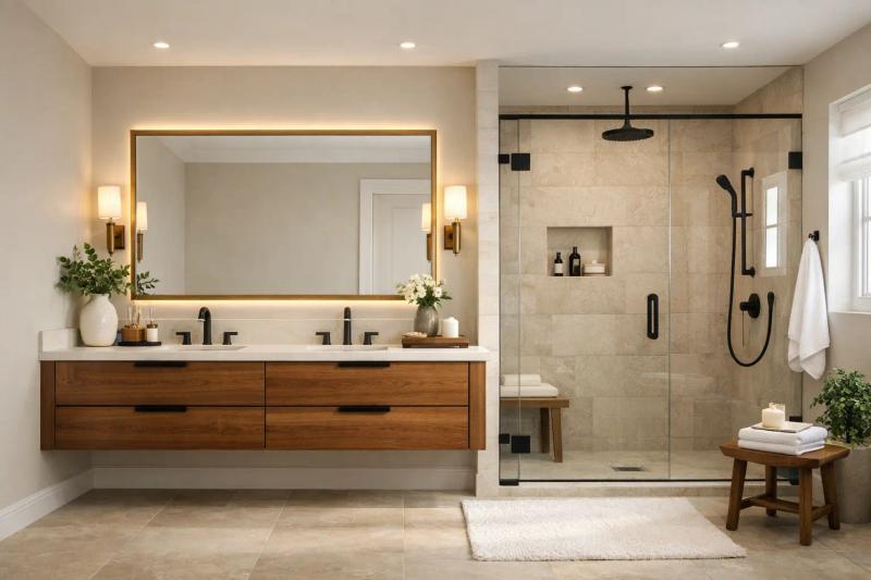 Floating wood double vanity with two undermount sinks and matte black faucets by Western Renovations in Placer County, CA