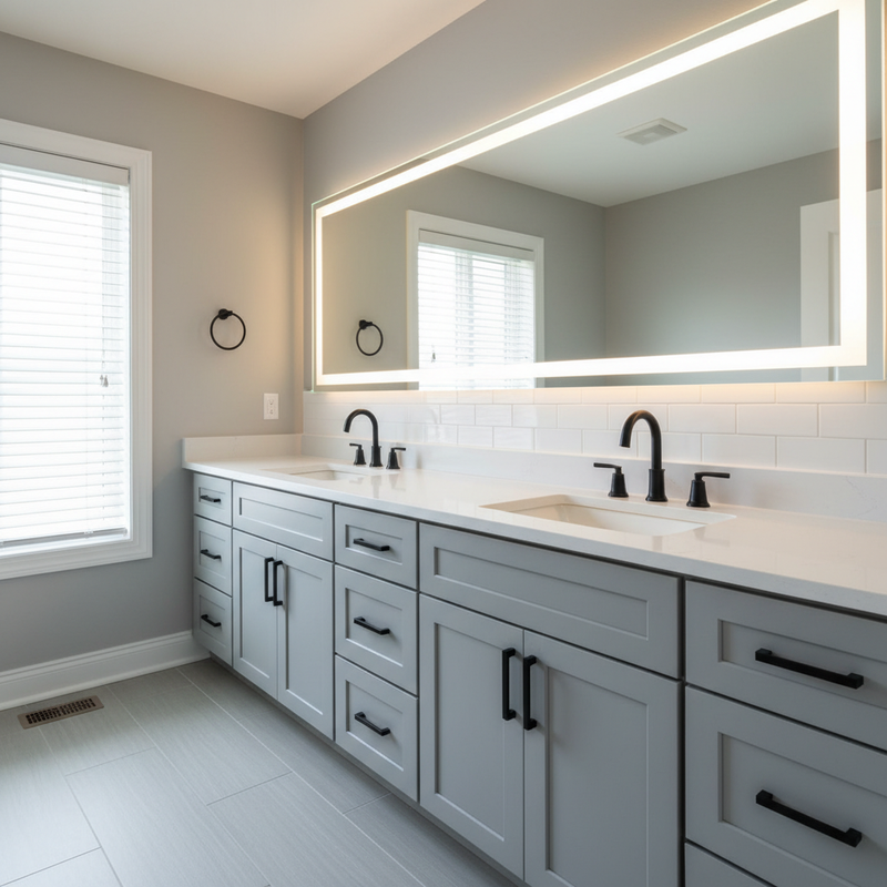 Gray shaker double vanity with white quartz countertop, undermount sinks, and matte black fixtures installed by Western Renovations in Roseville, CA