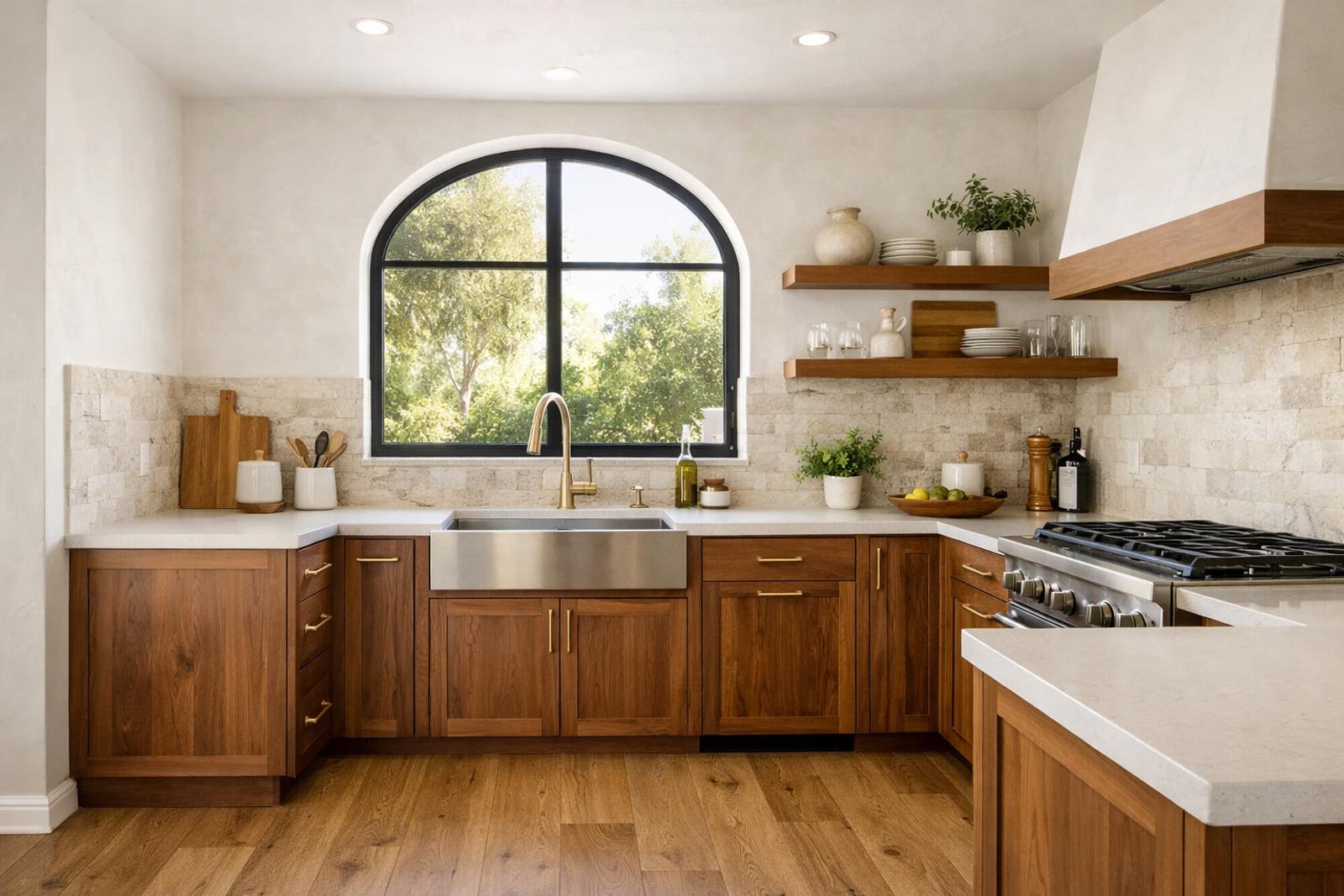 Modern Mediterranean kitchen remodel in Roseville, CA by Western Renovations featuring walnut cabinetry and natural stone finishes