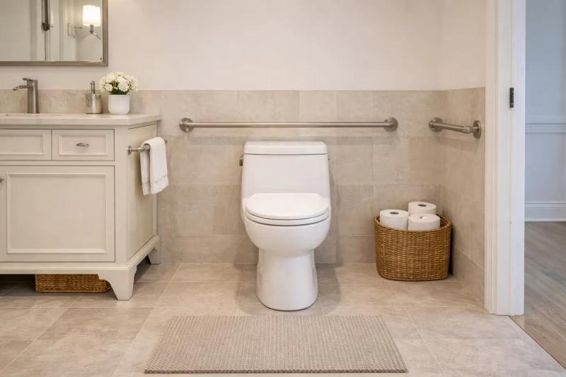 Comfort-height toilet with accessibility clearance for aging in place bathrooms in Roseville, California done by western renovations
