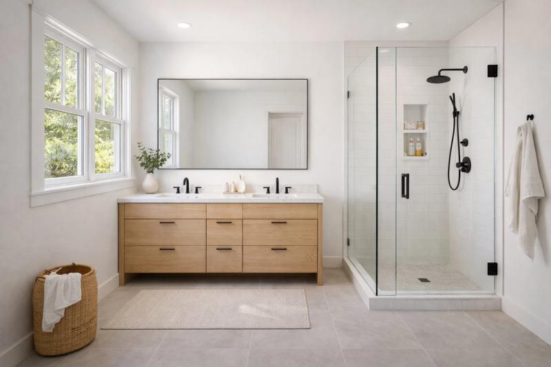Renovated guest bathroom in Roseville with modern fixtures and walk-in shower by Western Renovations