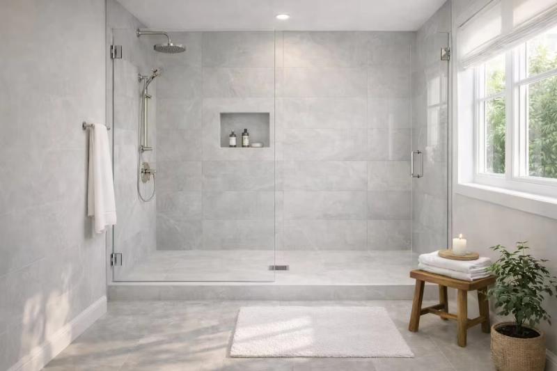 Walk-in shower with soft cool gray wall panels