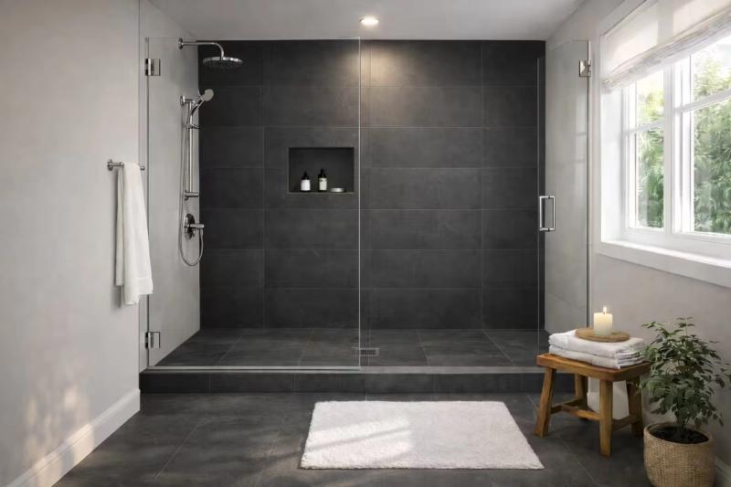 Walk-in shower with matte charcoal accent wall