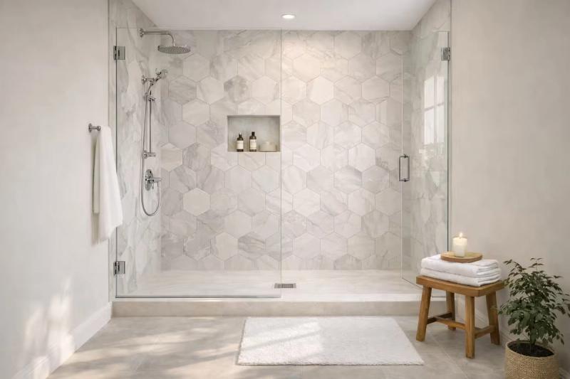 Walk-in shower with greige taupe blend wall panels