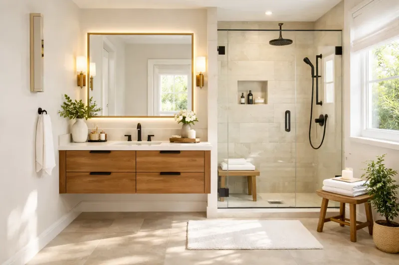 Bathroom vanity with organized drawer and cabinet storage in a Western Renovations remodel