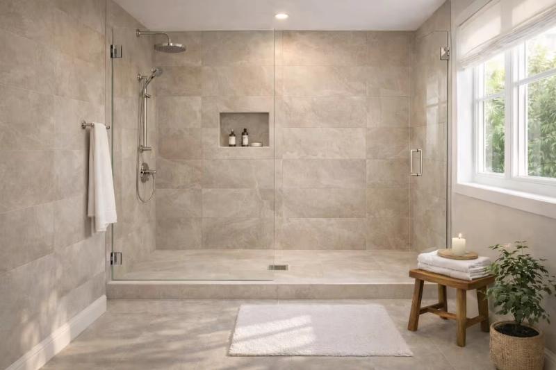 Walk-in shower with warm light beige waterproof wall panels