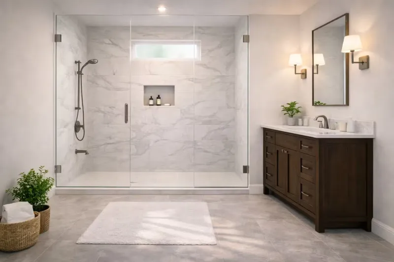 Luxury transitional guest bathroom remodel in Roseville CA with marble-look tile walk-in shower, frameless glass doors, brushed nickel fixtures, and dark wood vanity by Western Renovations.