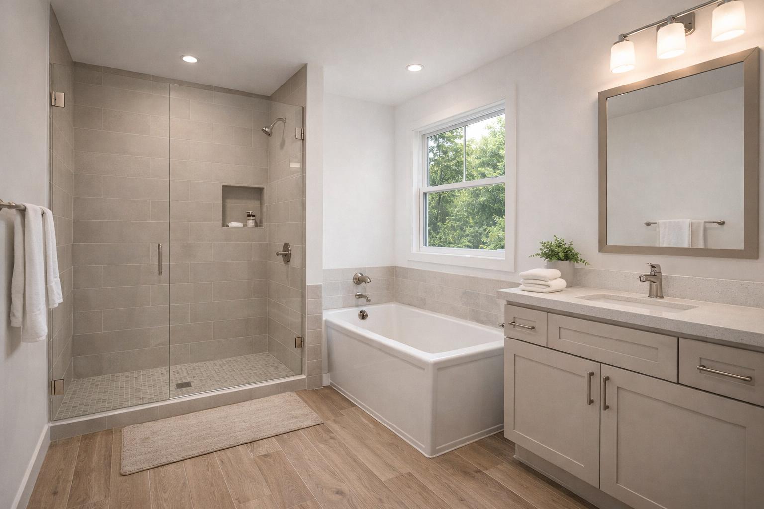 Bathroom remodel by Western Renovations featuring 12x24 matte gray porcelain tile shower with frameless glass door, alcove soaking tub, beige shaker vanity, and wood-look porcelain flooring in Roseville, CA
