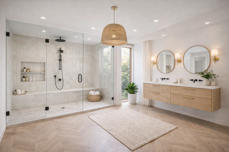 Upscale master bathroom remodel with marble tile and glass shower in Roseville