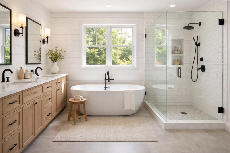 Remodeled spa-style master bathroom in Roseville with freestanding tub and glass shower by Western Renovations.