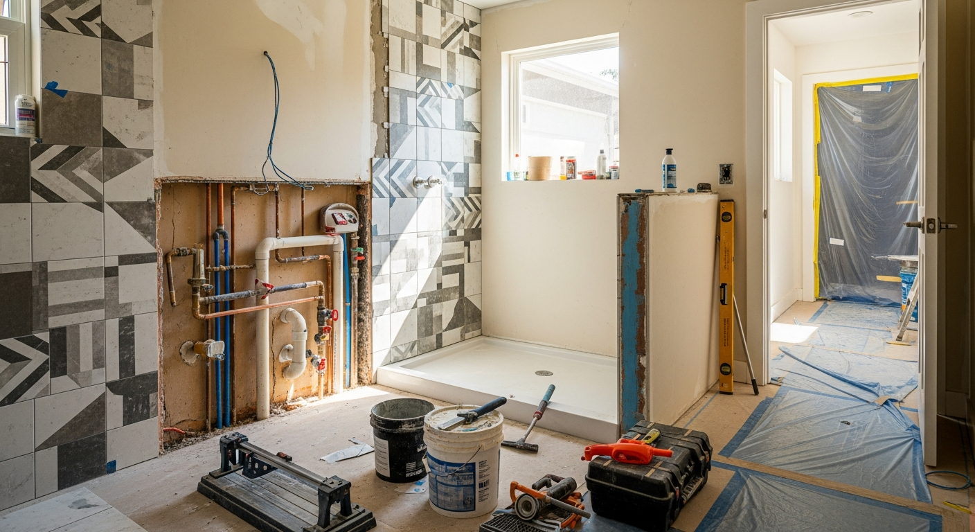 Mid-renovation bathroom showing active construction progress with partial tile installation and exposed plumbing in a Sacramento area home