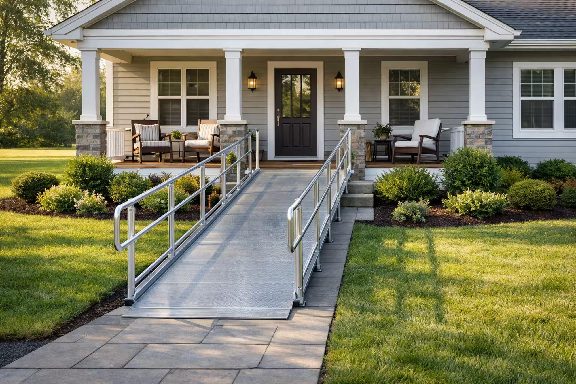 ADA accessible front entry ramp along house wall in morning sunlight in Roseville, California done by western renovations