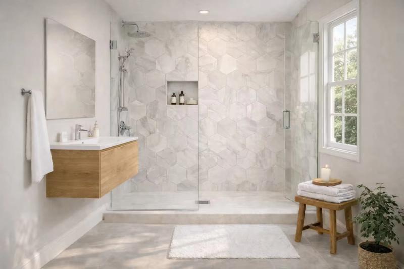 Contemporary minimalist walk-in shower remodel by Western Renovations