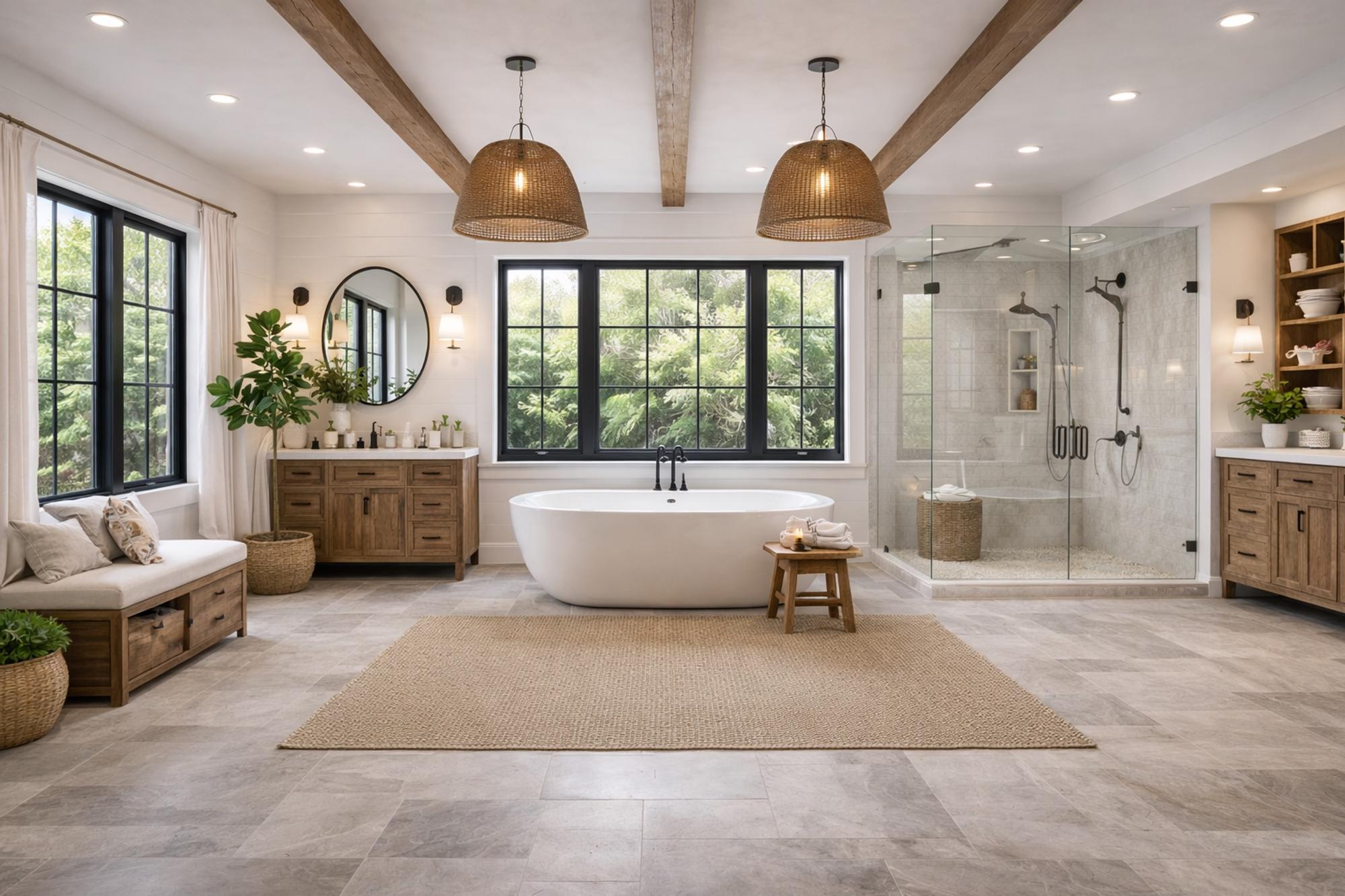 Luxurious master bathroom remodel in Roseville featuring walk-in shower, freestanding tub, and custom vanity