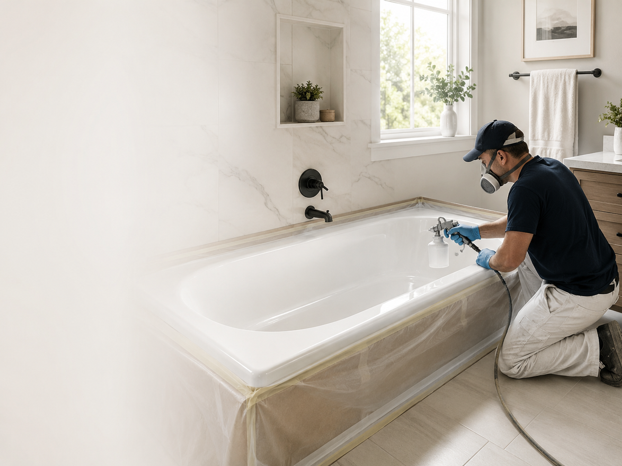 Professional technician refinishing a glossy white bathtub in a modern Roseville bathroom.